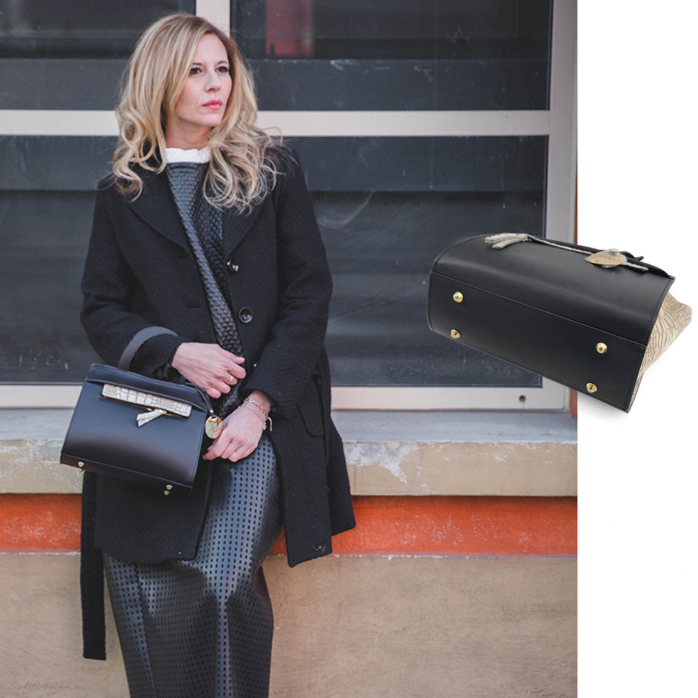 Mini Black Ruga Leather & Hair Calf Shoulder Bag (B138X)